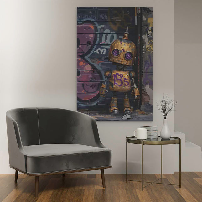 Canvas schilderij interieur Robot met Paarse Ogen die voor een met Graffiti Bedekte Muur Staat