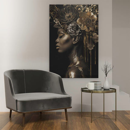 Canvas schilderij interieur Zwarte Vrouw met Bloemen op haar Hoofd