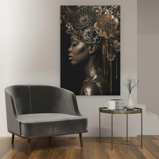 Canvas schilderij interieur Zwarte Vrouw met Bloemen op haar Hoofd
