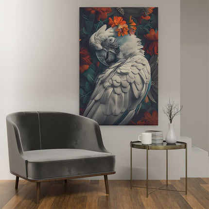 Canvas schilderij interieur Vogel met een Bloem op zijn Kop