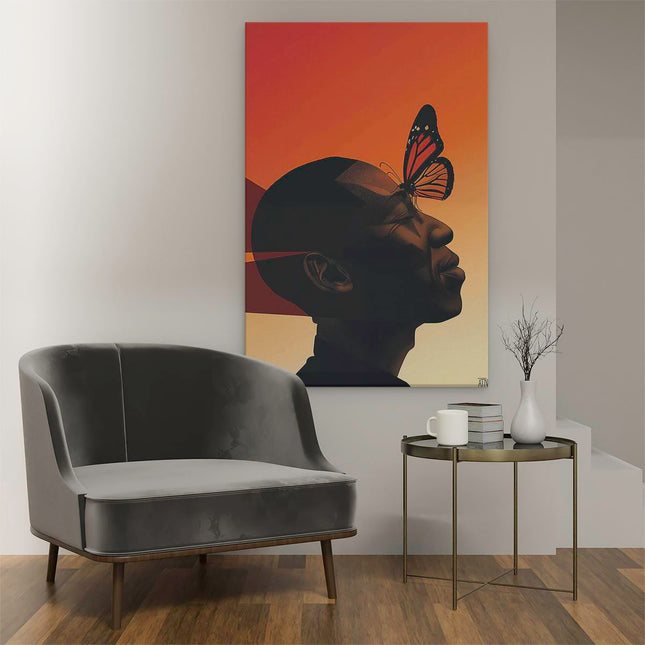 Canvas schilderij interieur Man met een Vlinder op zijn Hoofd