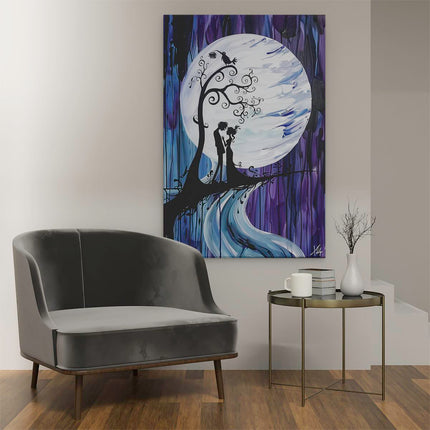Canvas schilderij interieur Kunstwerk van een Kussend Stel onder een Volle Maan