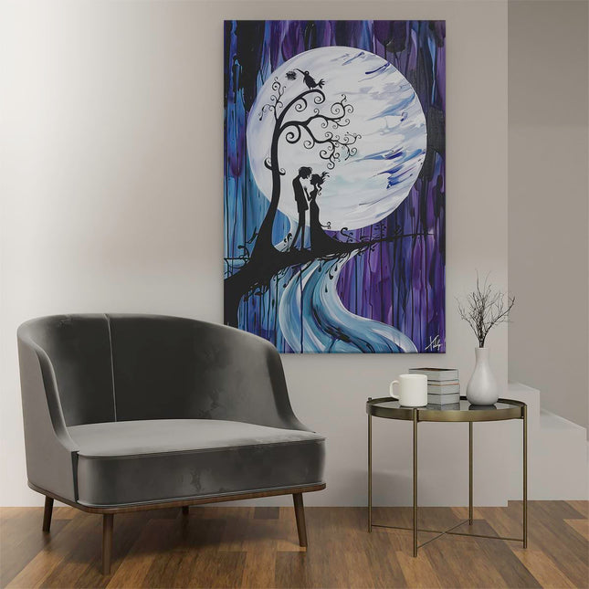 Canvas schilderij interieur Kunstwerk van een Kussend Stel onder een Volle Maan