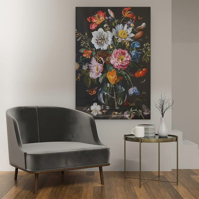 Canvas schilderij interieur Kunstwerk van Bloemen in een Glazen Vaas