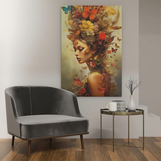 Canvas schilderij interieur Vrouw met Vlinders in haar Haar