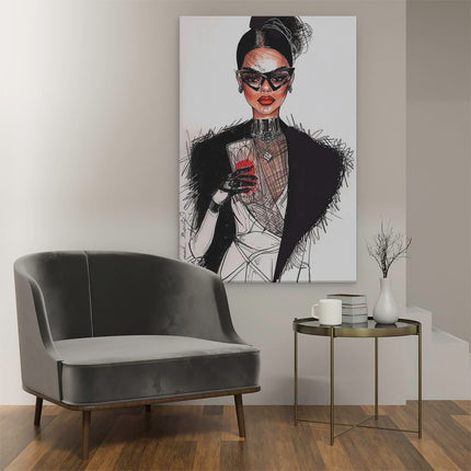 Canvas schilderij interieur Illustratie van een Vrouw die een Bril Draagt ​​En een Glas Wijn Vasthoudt