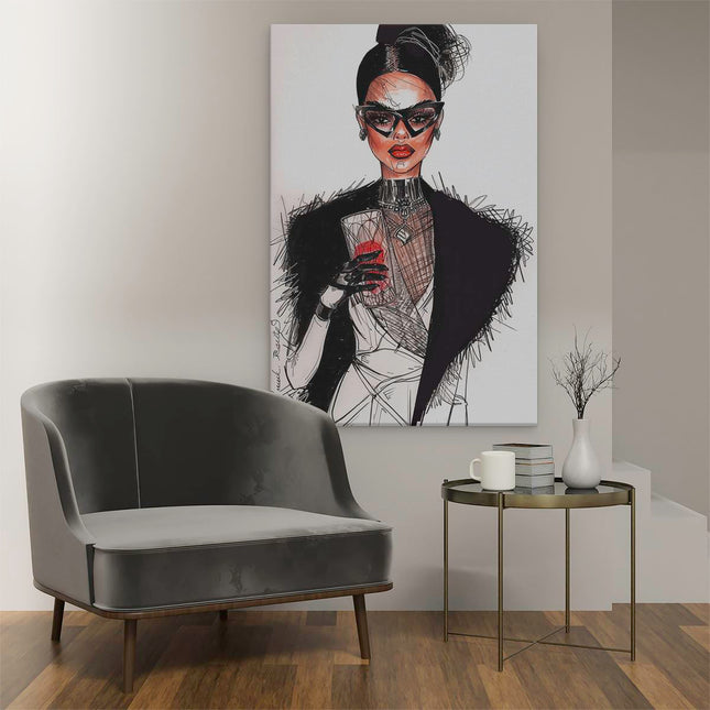 Canvas schilderij interieur Illustratie van een Vrouw die een Bril Draagt ​​En een Glas Wijn Vasthoudt