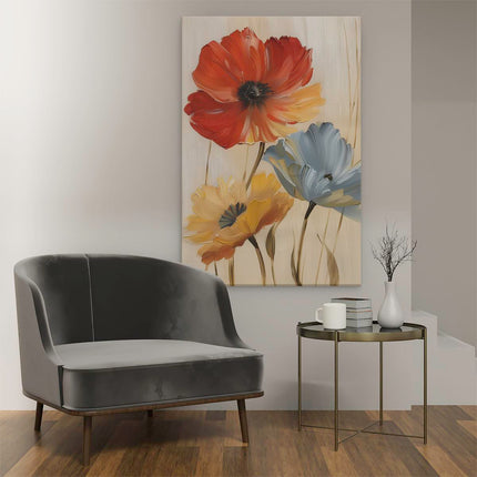 Canvas schilderij interieur Drie Rode, Gele en Blauwe Bloemen op een Beige Achtergrond