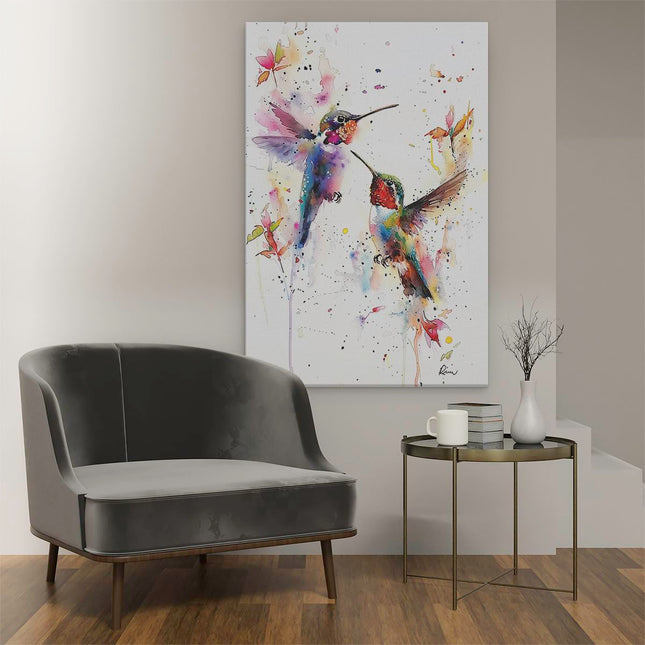Canvas schilderij interieur Twee Kolibries die in de Lucht Vliegen