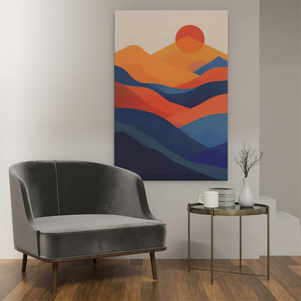 Canvas schilderij interieur De Zon gaat onder over een Blauw en Oranje Landschap