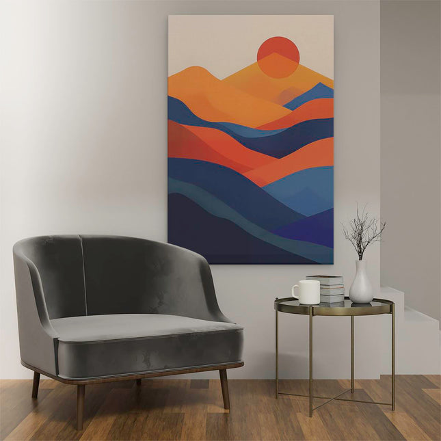 Canvas schilderij interieur De Zon gaat onder over een Blauw en Oranje Landschap