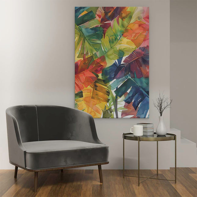 Canvas schilderij interieur Kleurrijk Aquarelkunstwerk van Tropische Bladeren