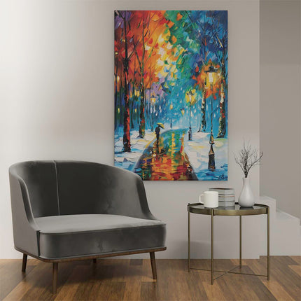 Canvas schilderij interieur Kunstwerk van Mensen die door de Straat Lopen in de Sneeuw
