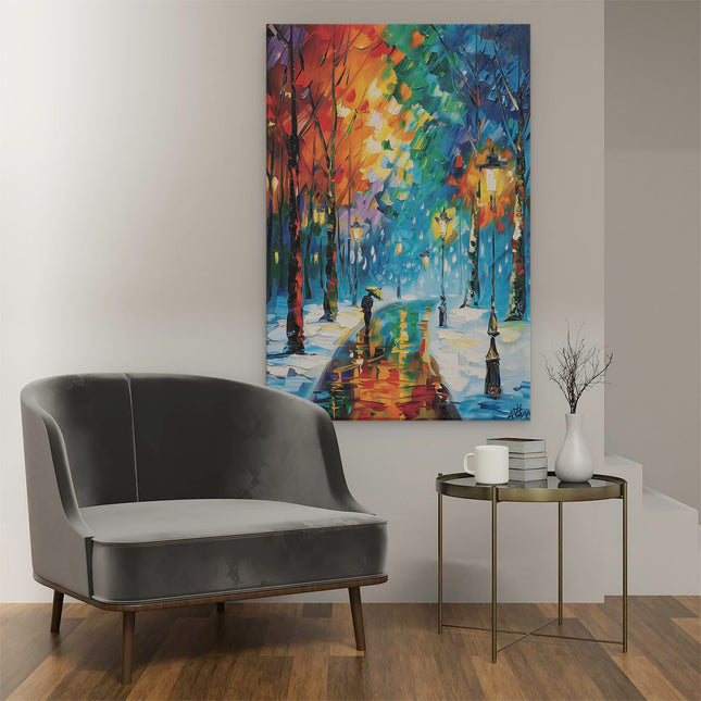 Canvas schilderij interieur Kunstwerk van Mensen die door de Straat Lopen in de Sneeuw