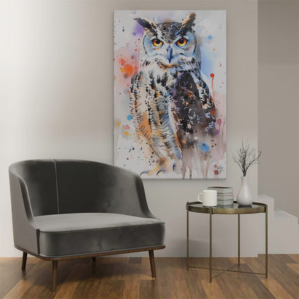 Canvas schilderij interieur Uil met Kleurrijke Verfspatten