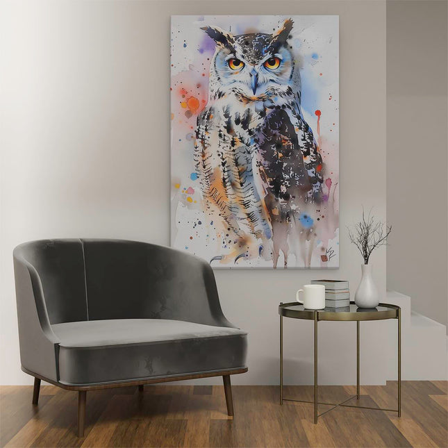 Canvas schilderij interieur Uil met Kleurrijke Verfspatten
