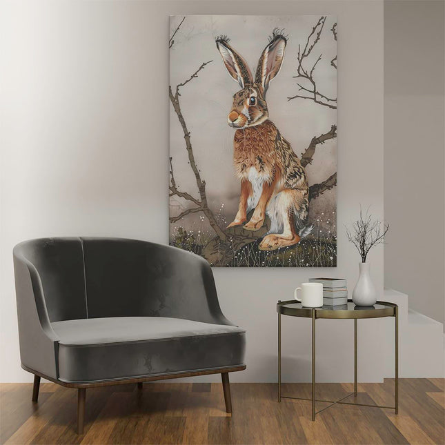 Canvas schilderij interieur Haas Zittend op een Tak