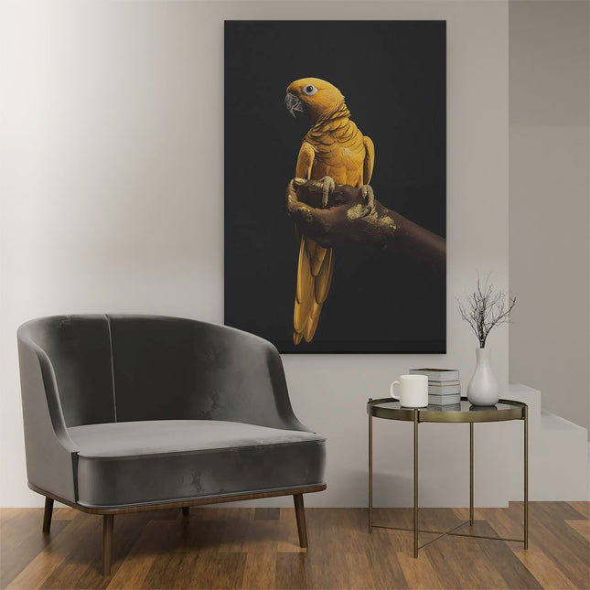 Canvas schilderij interieur Papegaai Zittend op Iemands Hand