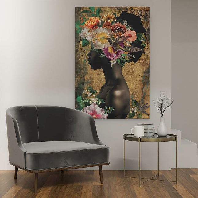 Canvas schilderij interieur Vrouw met Bloemen op haar Hoofd