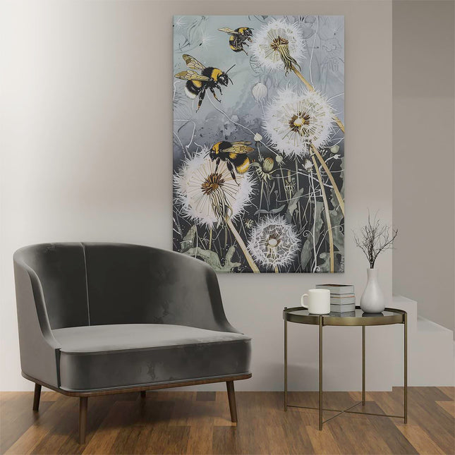 Canvas schilderij interieur Bijen Vliegen over Paardenbloem