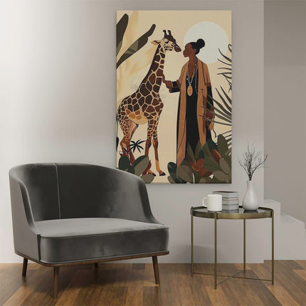 Canvas schilderij interieur Vrouw en een Giraffe in de Jungle