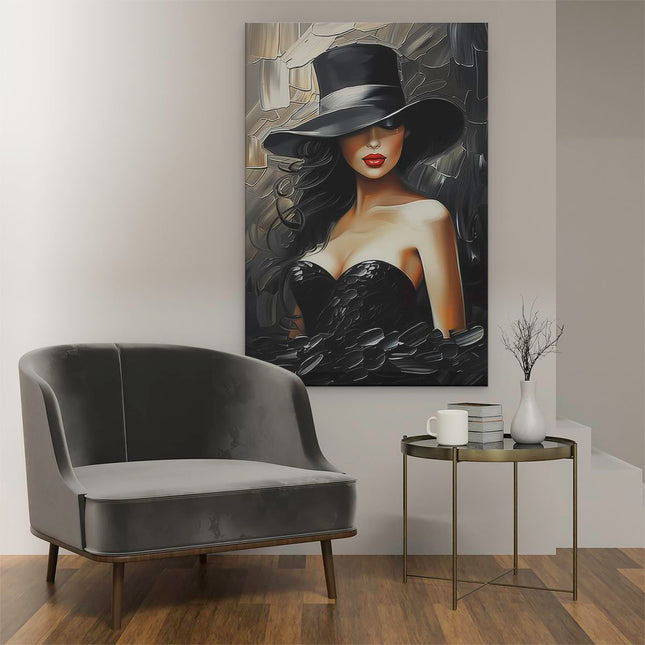 Canvas schilderij interieur Vrouw met een Zwarte Hoed