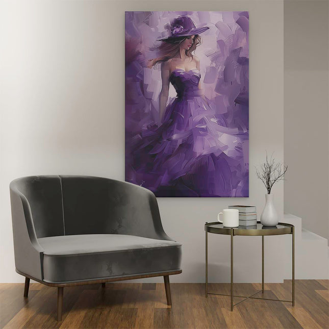 Canvas schilderij interieur Vrouw in een Paarse Jurk met een Hoed