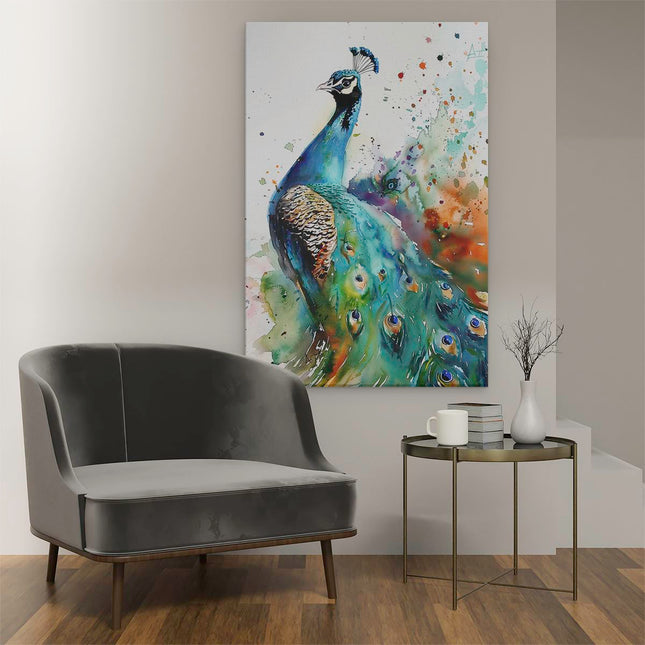 Canvas schilderij interieur Aquarelkunstwerk van een Pauw