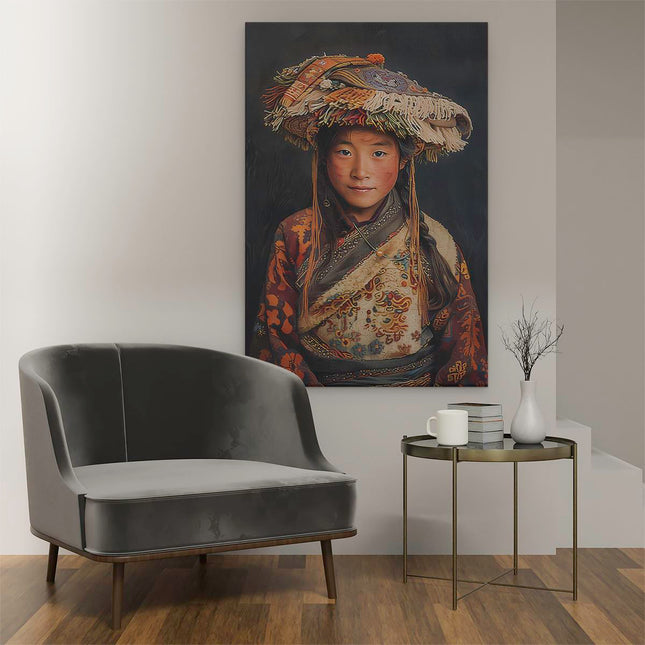 Canvas schilderij interieur Tibetaans Meisje met een Traditionele Tibetaanse Hoed