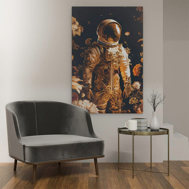 Canvas schilderij interieur Astronaut in de Ruimte Omringd door Bloemen