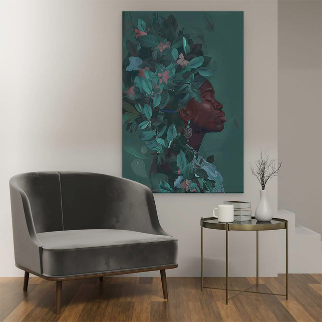 Canvas schilderij interieur Vrouw met Bladeren in haar Haar