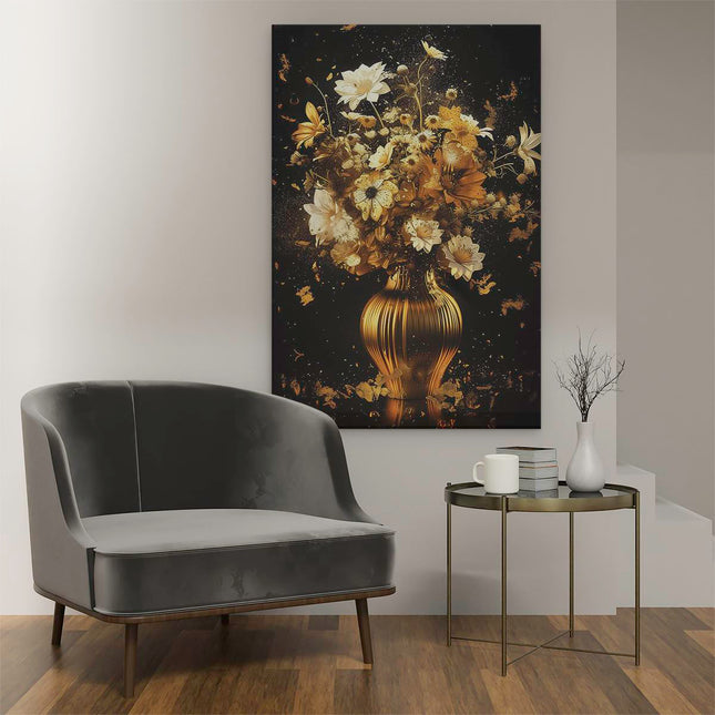 Canvas schilderij interieur Gouden Bloemen in een Vaas op een Zwarte Achtergrond