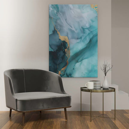 Canvas schilderij interieur Abstract Kunstwerk met Gouden en Blauwgroen Kleuren