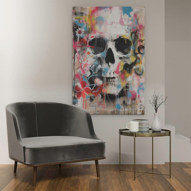 Canvas schilderij interieur Schedel met Bloemen en Spetters