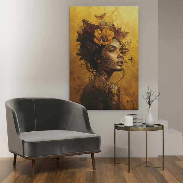 Canvas schilderij interieur Vrouw met Bloemen op haar Hoofd