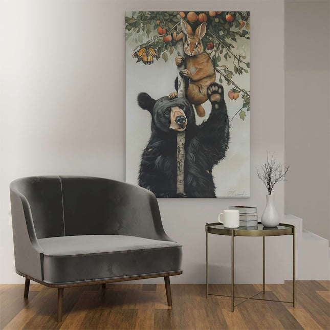 Canvas schilderij interieur Beer en een Konijn in een Boom