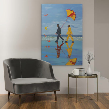 Canvas schilderij interieur Twee Mensen die met een Vlieger over het Strand Lopen