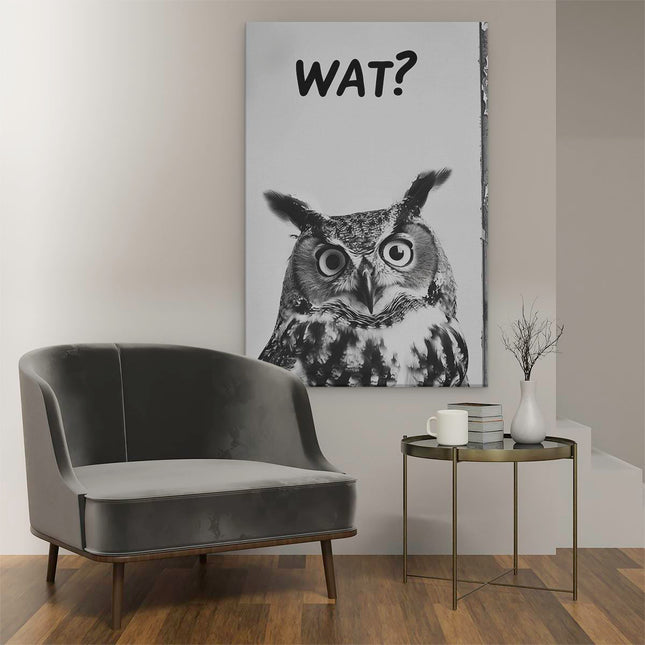 Canvas schilderij interieur Uil met een Vraagteken op zijn Gezicht