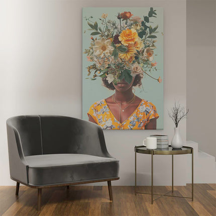 Canvas schilderij interieur Vrouw met Bloemen op haar Hoofd