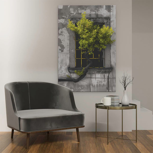 Canvas schilderij interieur Boom die uit een Raam Groeit