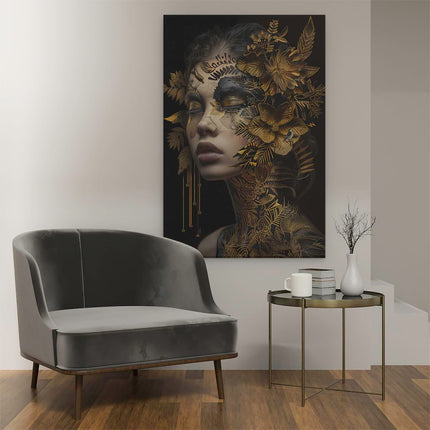 Canvas schilderij interieur Vrouw met Gouden Bloemen op haar Gezicht