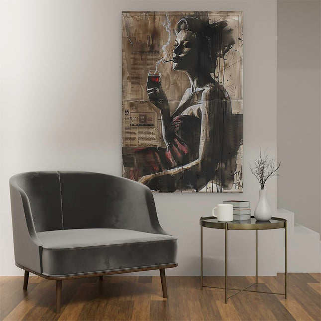 Canvas schilderij interieur Vrouw die een Sigaret Rookt