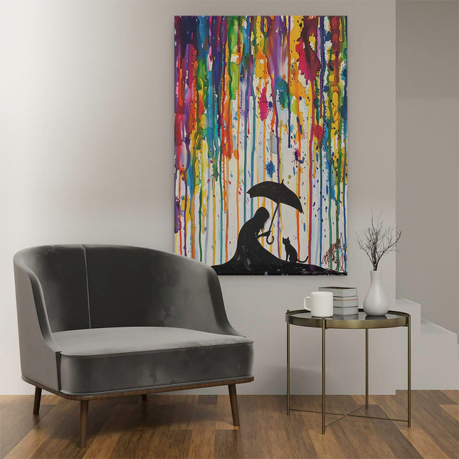 Canvas schilderij interieur Meisje met een Paraplu en een Kat
