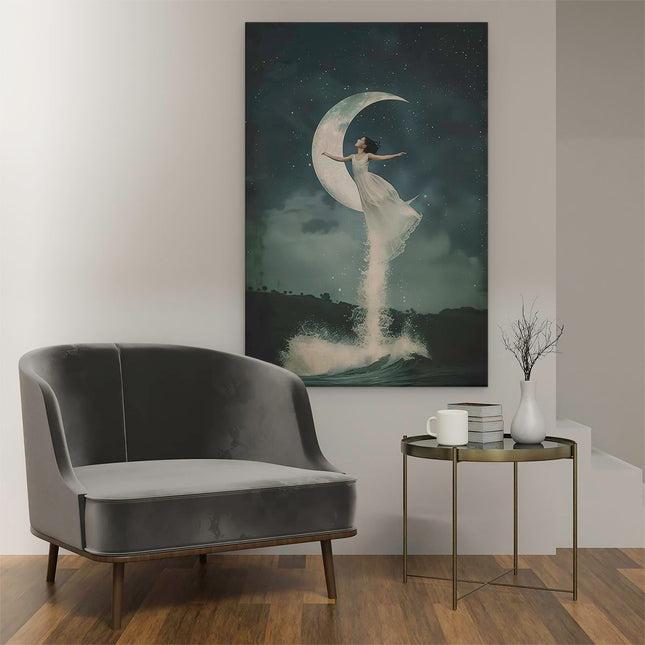 Canvas schilderij interieur Vrouw in een Witte Jurk die over de Maan Springt