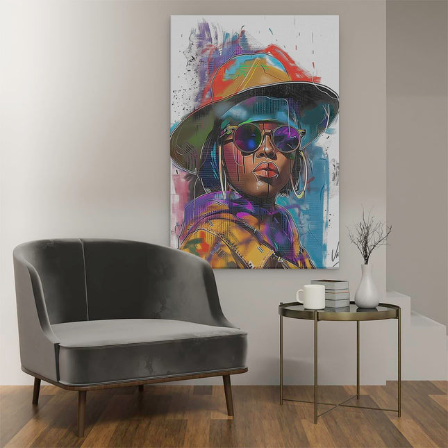 Canvas schilderij interieur Vrouw met een Hoed en een Zonnebril