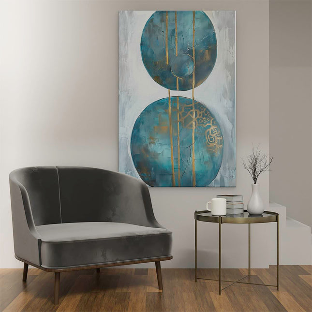 Canvas schilderij interieur Kunstwerk van Twee Blauwe en Gouden Cirkels op een Witte Achtergrond