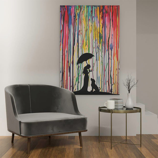 Canvas schilderij interieur Meisje en een Hond in de Regen met een Kleurrijke Paraplu