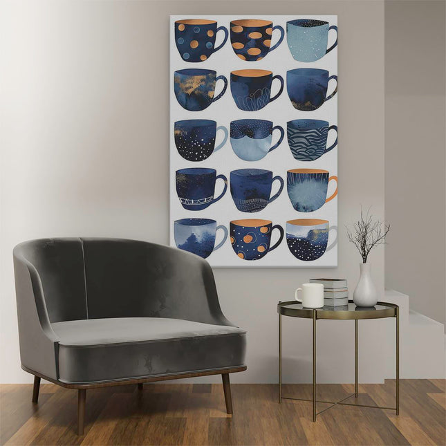 Canvas schilderij interieur Collectie Blauwe en Oranje Koffiemokken