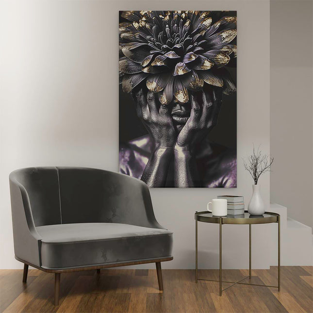 Canvas schilderij interieur Vrouw met een Bloem op haar Hoofd