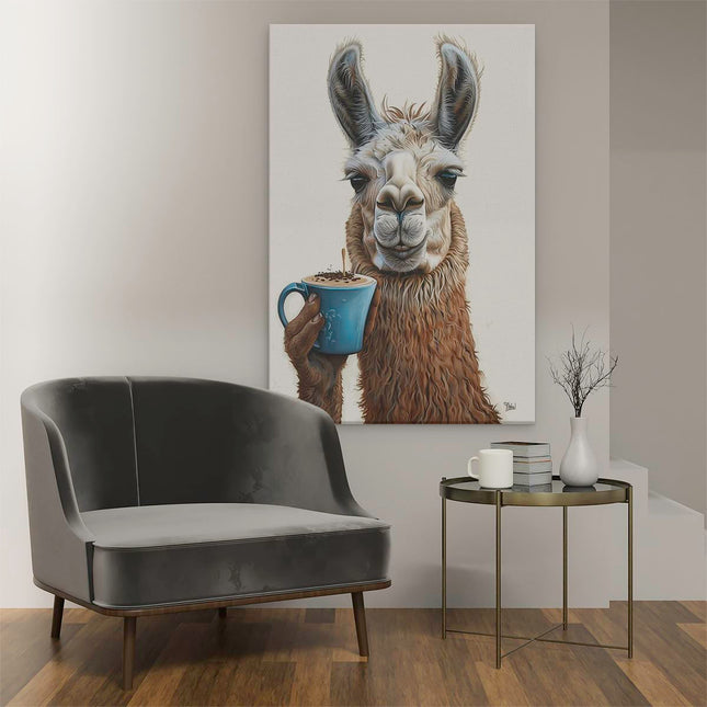 Canvas schilderij interieur Lama die een Kopje Koffie Vasthoudt